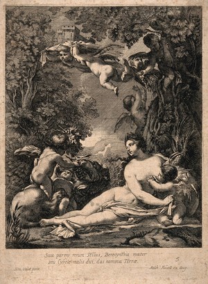 view Cybele, a Phrygian earth goddess, surrounded by putti, lions, fruit and general abundance, a flying putto carries a model of a building on his head. Engraving by M. Küssel after S. Vouet.