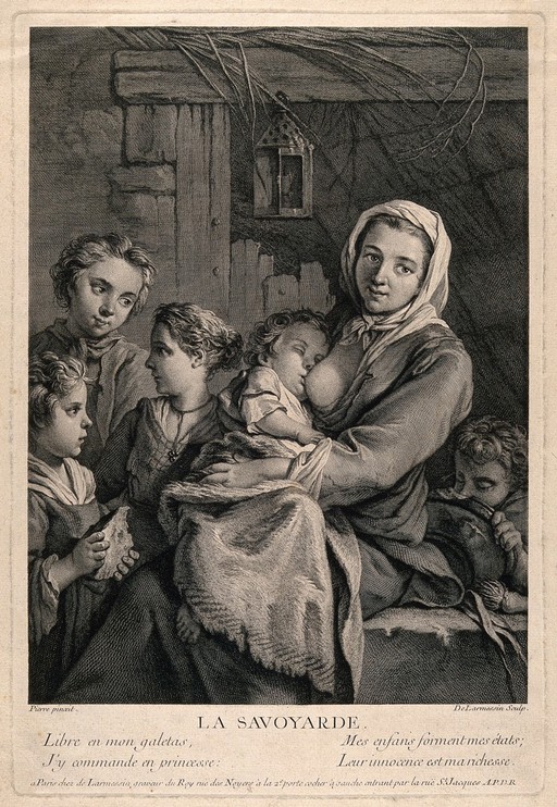 A poor woman in a dingy attic, surrounded by her children, one of whom she is breast-feeding. Engraving by N. de Larmessin III after J. Pierre.