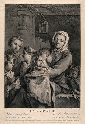 A poor Savoyard woman surrounded by her children, one of whom she is breast-feeding. Engraving by N. de Larmessin III, 1746, after J.B.M. Pierre.