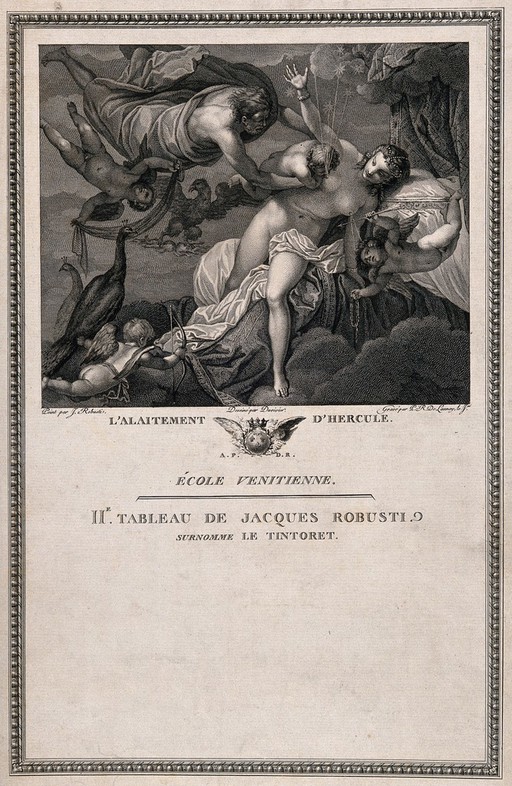Jupiter carrying Hercules to be breast-fed by a goddess (?). Engraving by P.R. de Launay after D. Duvivier after G. Tintoretto.