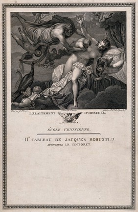 Jupiter carrying Hercules to be breast-fed by a goddess (?) Engraving by P.R. de Launay after D. Duvivier after G. Robusti, il Tintoretto.