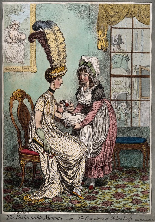 A fashionable mother wearing a dress with slits across the breasts in order to feed her baby before she dashes off to the carriage waiting outside. Coloured etching by J. Gillray, 1796.