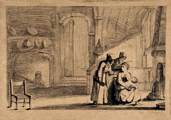 A woman breast feeding her child in front of the fire, other members of the family gather around. Etching by I.J. de Claussin, 1807, after Rembrandt van Rijn.