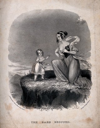 A woman offering her breast to her small child who has just been rescued. Lithograph by J.C. Wilson.