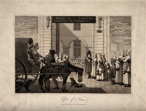 view The bureau of wet nurses in Paris - wet nurses waiting to be selected. Aquatint after C. Brocas, 1822.