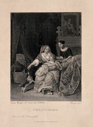 view A woman holding her child while a servant holds a bowl of food to feed her. Engraving by A. Nargeot after himself after J. Verkolje the elder, 1675.