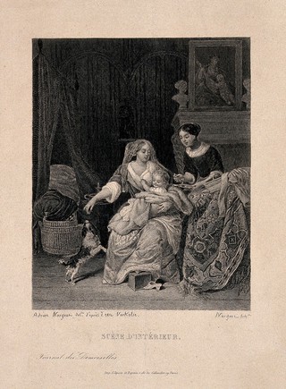 A woman holding her child while a servant holds a bowl of food to feed her. Engraving by A. Nargeot after himself after J. Verkolje the elder, 1675.