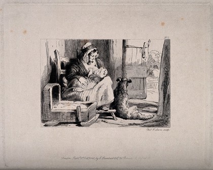 A woman breast feeding her baby, with a dog sitting next to them in a rural setting. Etching by C. Lewis, 1848, after Sir E. Landseer, 1837.