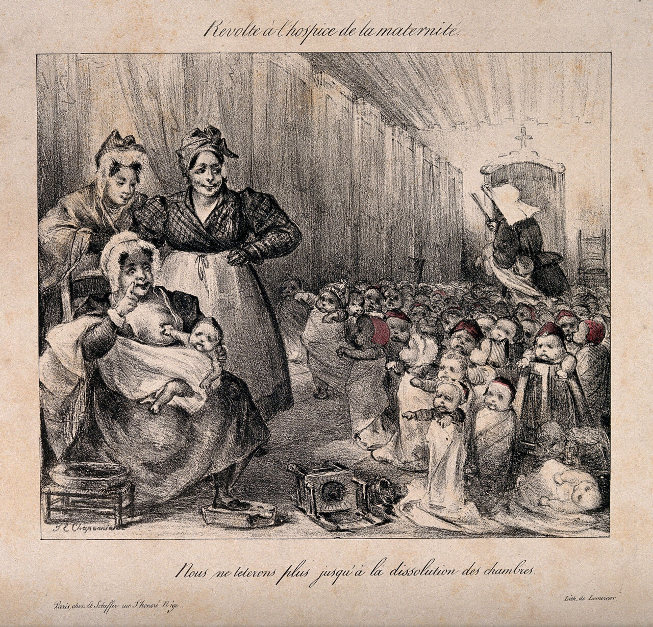 Babies at a maternity hospital refusing to breast feed until the Houses (of Parliament) are dissolved. Coloured lithograph by J.E. Chaponnière, 1831., 1831, by John-Étienne Chaponnière