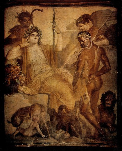 Telephus (son of Hercules) being suckled by a doe in the temple of Athena where as an infant he was left to die. Colour photogravure after a mural at Herculaneum.
