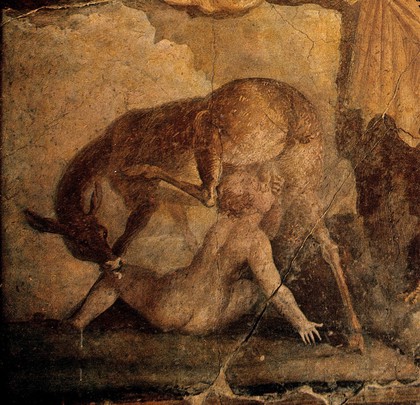 Telephus (son of Hercules) being suckled by a doe in the temple of Athena where as an infant he was left to die. Colour photogravure after a mural at Herculaneum.