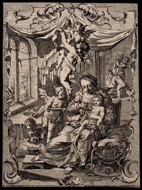 The Virgin Mary feeding Christ as a baby, angels and putti flutter around preparing and serving dishes. Etching.