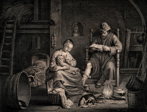 A woman feeding her baby while her husband reads a book in a rural domestic environment. Engraving by P.A. Le Beau after A. de Gelder.