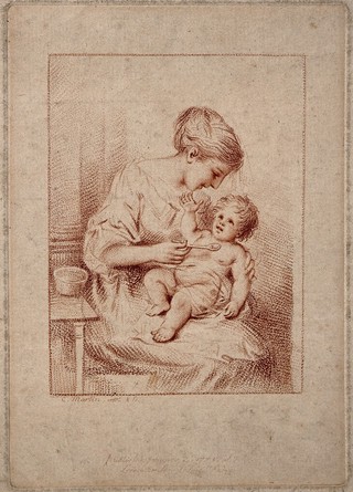 A woman feeding her happy baby. Colour stipple engraving by C. Martin after himself, 1778.