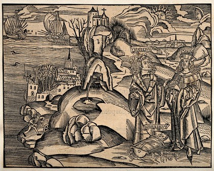 Virgil and A. Pollio deep in conversation above a bustling town and harbour, Saloninius (Pollio's infant son) lies in a cradle at their feet. Woodcut after Virgil.