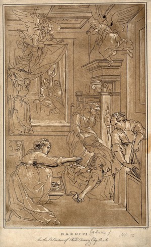 view A woman wraps a new born baby in swaddling clothes while the mother recovers in bed, the midwife mops her brow. Colour etching by C.M. Metz after F. Barocci.