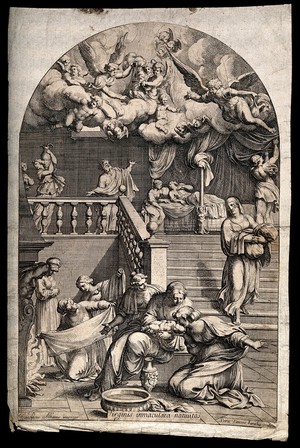 view A midwife gives the Virgin Mary her first bath, Joachim looks and exclaims to the heavens where angels are celebrating her birth. Engraving by P.S. Bartoli after F. Albani.