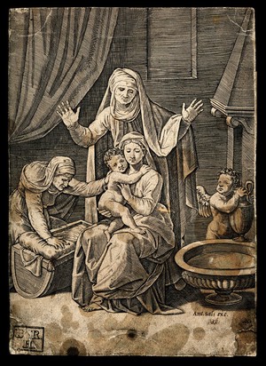 view The Virgin Mary with Christ as a small child, another woman stands above them arms raised, perhaps Saint Anne. Line engraving.