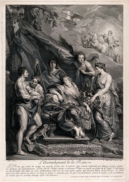 The birth of King Louis XIII. Engraving by B. Audran the younger after J. Nattier after P.P. Rubens.