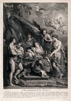 The birth of King Louis XIII. Engraving by B. Audran the elder after J.M. Nattier after P.P. Rubens.