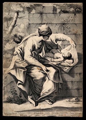 view The Virgin Mary with the baby Jesus. Engraving by J. Sauvè after G. Reni.