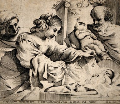 The Virgin Mary with the infant Jesus, Zacharias holds the infant John the Baptist. Line engraving by G.B. Pasqualini, 1621, after G.F. Barbieri.