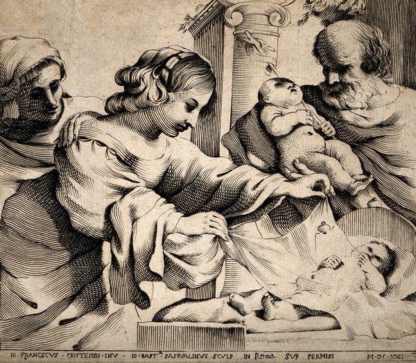 The Virgin Mary with the infant Jesus, Zacharias holds the infant John the Baptist. Line engraving by G.B. Pasqualini, 1621, after G.F. Barbieri.
