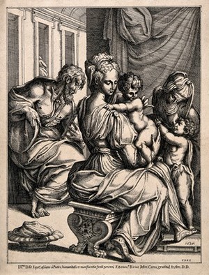 view The Virgin Mary nursing the infant Jesus with Elizabeth and John the Baptist, Joseph is reading in the background. Engraving by Fra Bonaventura Bisi, 1634, after himself.