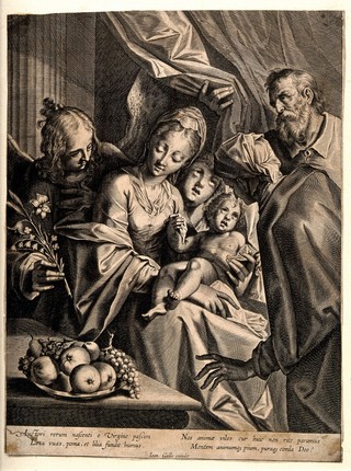 The Virgin Mary with Christ as an infant with Joseph and Anne, in the background the archangel Gabriel holding a lily. Line engraving.