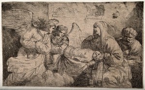 view Two angels approach the Virgin Mary and Joseph with Christ sleeping in his cradle. Etching.