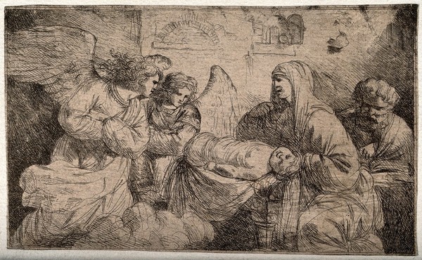 Two angels approach the Virgin Mary and Joseph with Christ sleeping in his cradle. Etching.