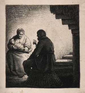 view A man talking to a woman holding her baby. Etching by J. van Vliet.