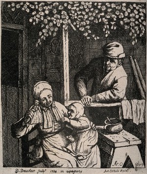 view A woman playing outside with her child, her husband in the background, watching them. Etching by D. Deuchar, 1784, after A. Ostade, 1679.