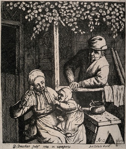 A woman playing outside with her child, her husband in the background, watching them. Etching by D. Deuchar, 1784, after A. Ostade, 1679.