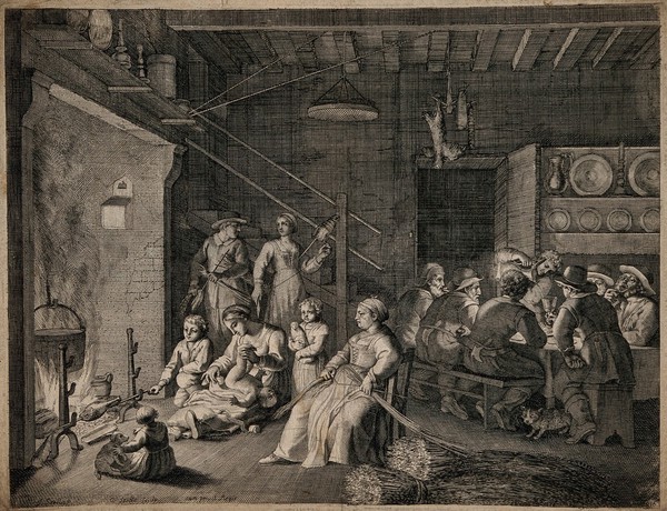 A communal house, the men sit drinking around a table while the women look after the children, weave hay and the older children cook. Engraving by C. Bouzonnet Stella after J. Stella.