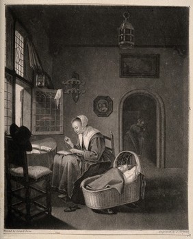A woman sewing in a pleasant domestic interior, her baby sleeps sweetly in its cradle. Aquatint by J. Sartain after G. Dou.