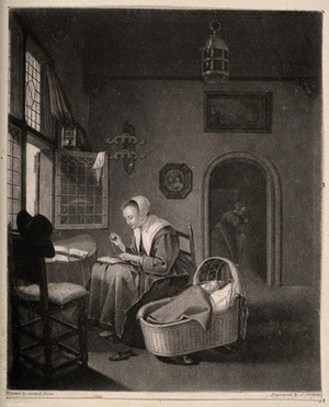 view A woman sewing in a pleasant domestic interior, her baby sleeps sweetly in its cradle. Aquatint by J. Sartain after G. Dou.