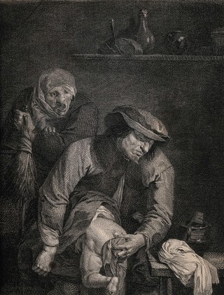 A man washing a child's bottom, in the background an old hag shouts at him. Line engraving.