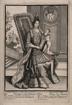 The new born son of Philip V of Spain being held by his mother Marie Louise of Savoy, born Madrid 25 August 1707. Engraving, 1707.