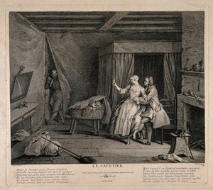 view A cobbler purposely disturbing his beautiful wife and a rich merchant from beginning to repay his debt with sexual favours. Etching by P. Fillœul, 1736, after J.-B. Pater.