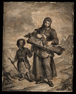 view A woman carrying a baby and holding the hand of her small child in a bleak rural setting. Engraving.