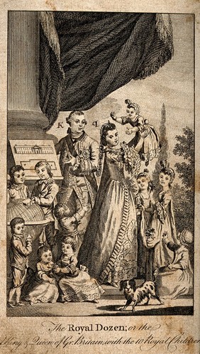 King George II and Queen Caroline with their ten children (?). Etching.