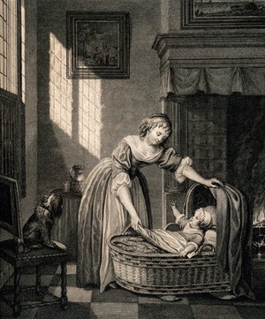 view A woman taking her baby from its cradle. Engraving.