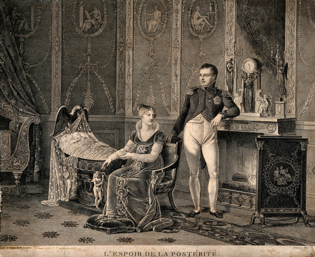 Napoléon I and Marie Louise with their new born son. Engraving by A. Godefroy after Adolphe Roehn., 1811, by Adolphe Roehn