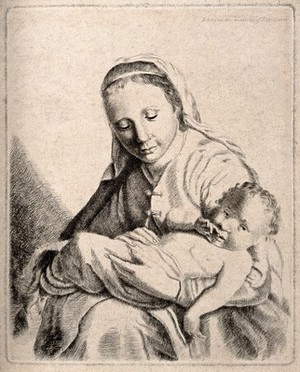 view A woman lovingly holding her baby. Etching.