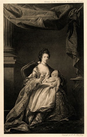 view Queen Charlotte holding the baby Princess Charlotte. Process print after F. Cotes.