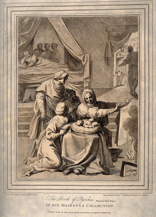 The birth of Pyrrhus, his mother Deidamia (?) recovers in bed whilst servants wash and tend him. Engraving by F. Bartolozzi, 1797, after A. Carracci.