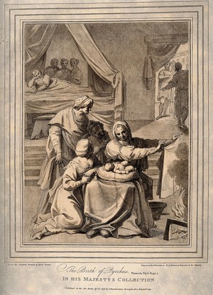 view The birth of Pyrrhus, his mother Deidamia (?) recovers in bed while servants wash and tend him. Engraving by F. Bartolozzi, 1797, after A. Carracci.