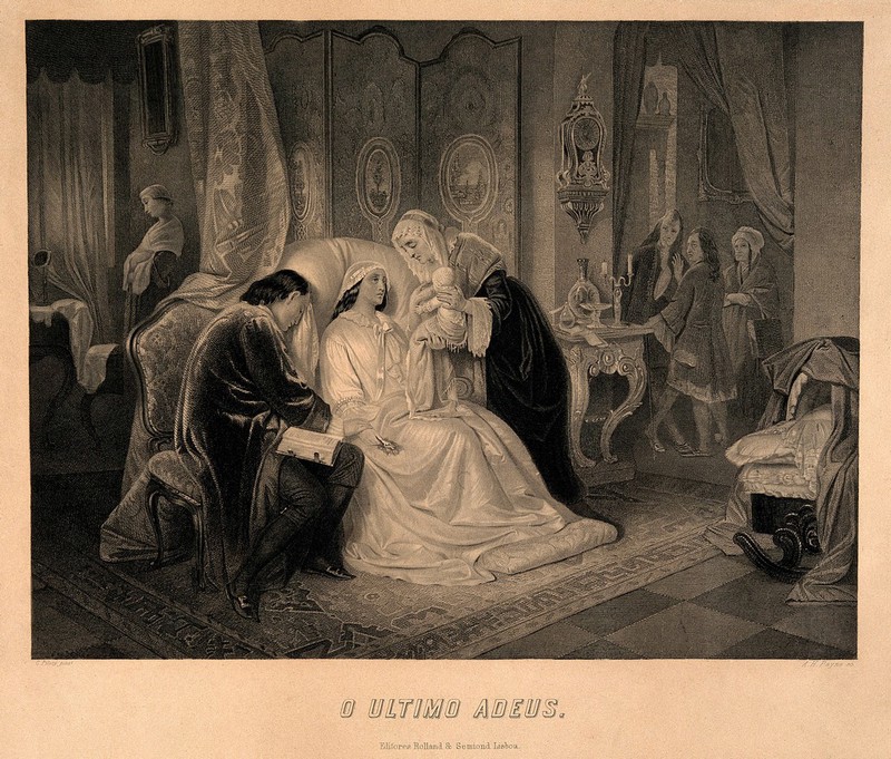 A woman being shown her newborn child for the final time before she receives the last rites. Engraving by A.H. Payne after C. Piloty., by Karl von Piloty