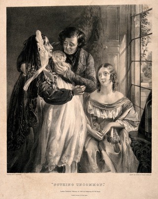 A young couple joyously celebrating their new baby with the new grandmother. Lithograph by T. Fairland, 1842, after N.J. Crowley.
